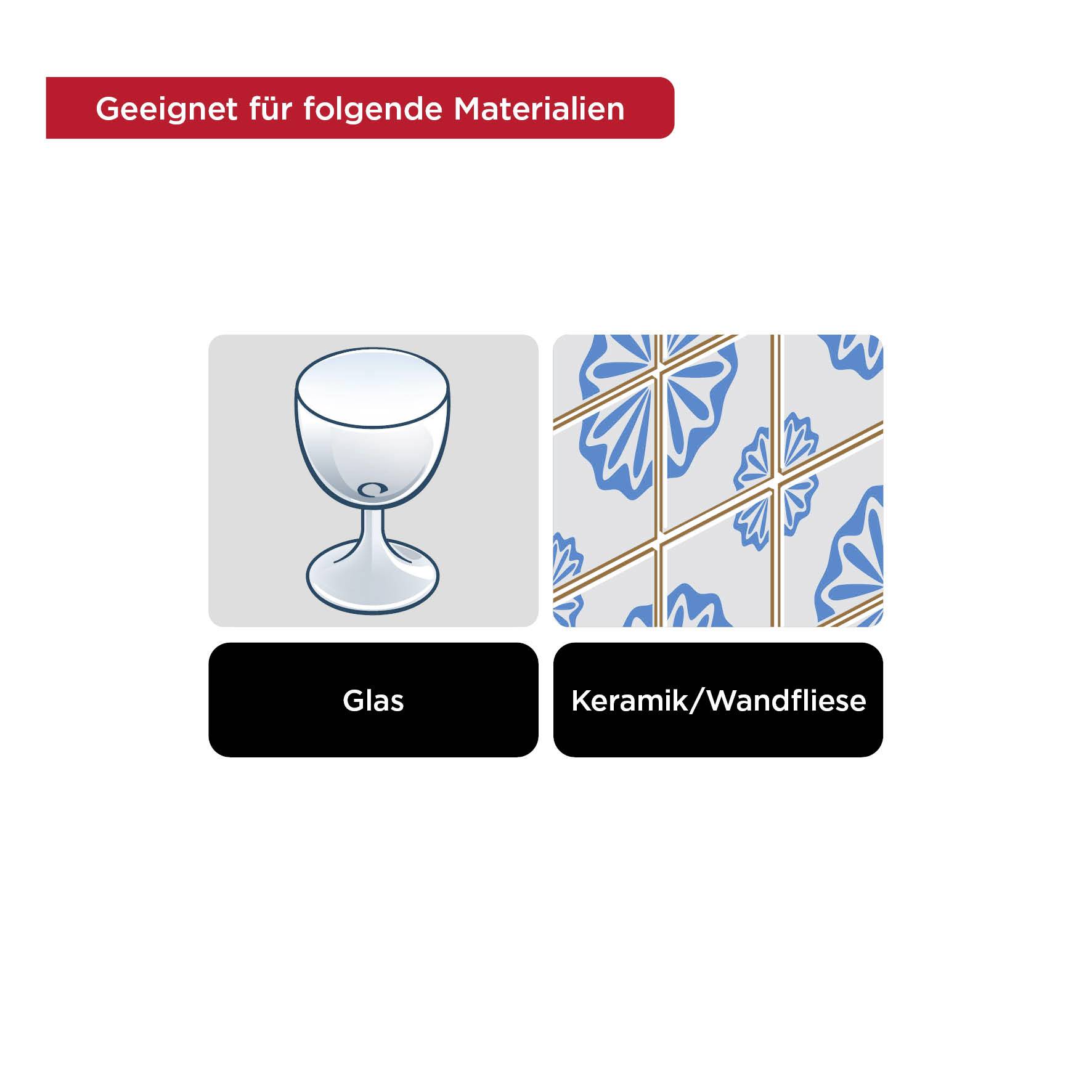 Geschikt voor de volgende materialen: glas en keramiek/wandtegel. Het glas toont een gestileerd wijnglas, de keramiek/wandtegel een blauw tegelpatroon.