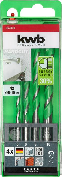 Boorset-verpakking met vier boren (5-10 mm), beeldhandleiding, energiebesparingstip, merk 'kwb GERMANY GMBH'.