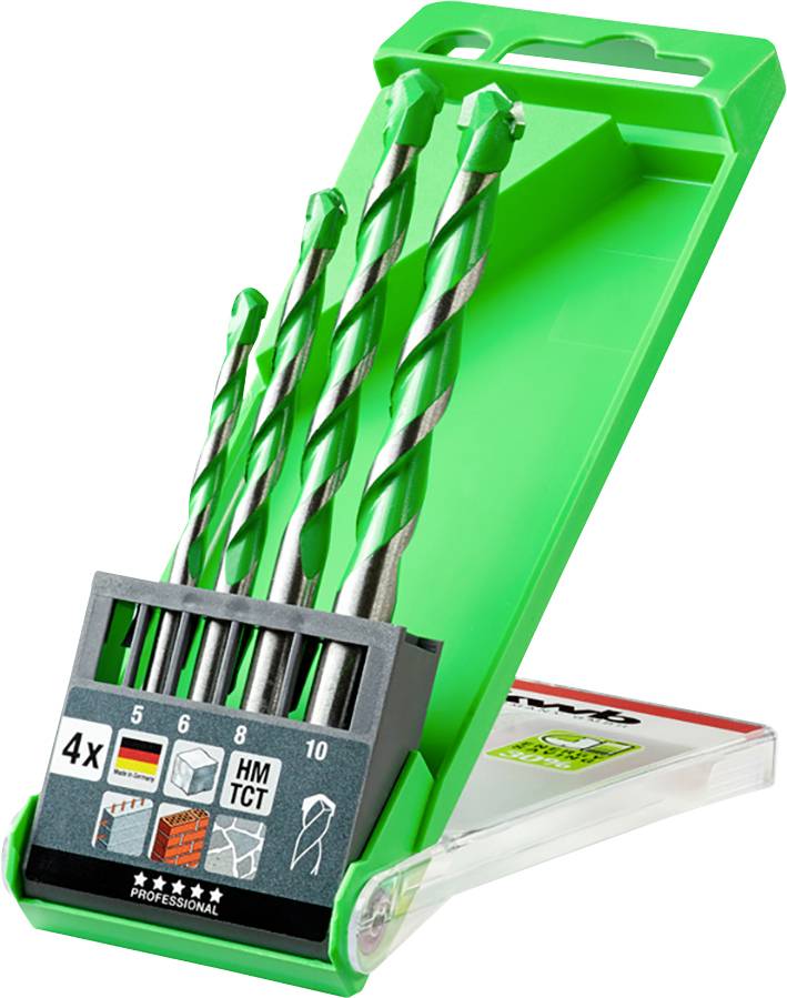 Een set van vier groene boren in een groene kunststof verpakking. De boren hebben verschillende maten: 5, 6, 8 en 10 mm.