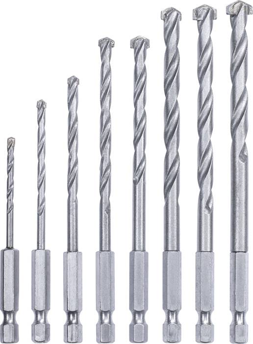 Acht metalen boren van verschillende afmetingen zijn naast elkaar gerangschikt, van links naar rechts geleidelijk toenemend in grootte.