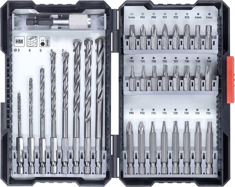 Boor- en bitset in een doos met verschillende maten en types. Bevat kruiskop-, Torx- en inbus-bits, evenals boren.
