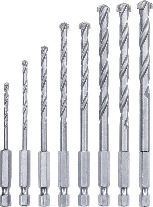 Set van acht metalen boren in verschillende maten, gerangschikt van klein naar groot.