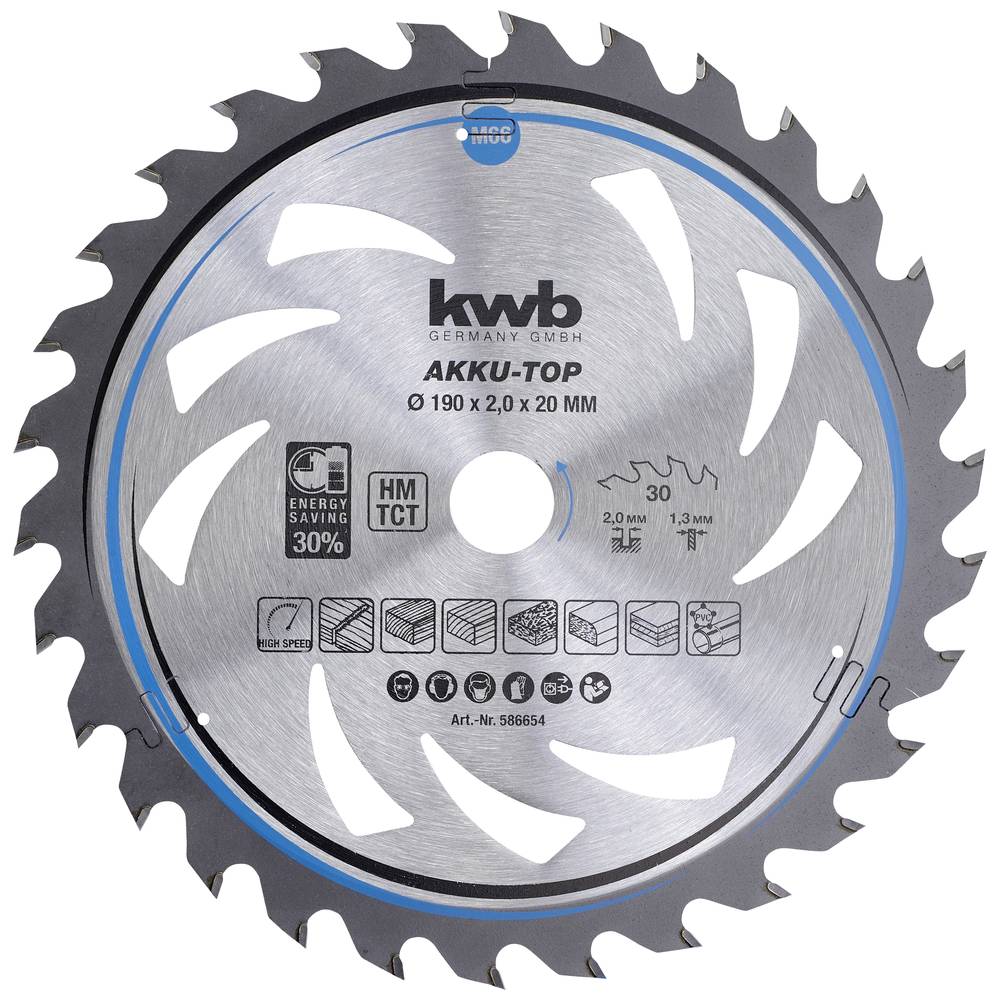 kwb 586654 Hardmetaal-cirkelzaagblad 190 x 20 x 1.3 mm Aantal tanden: 30 1 stuk(s)
