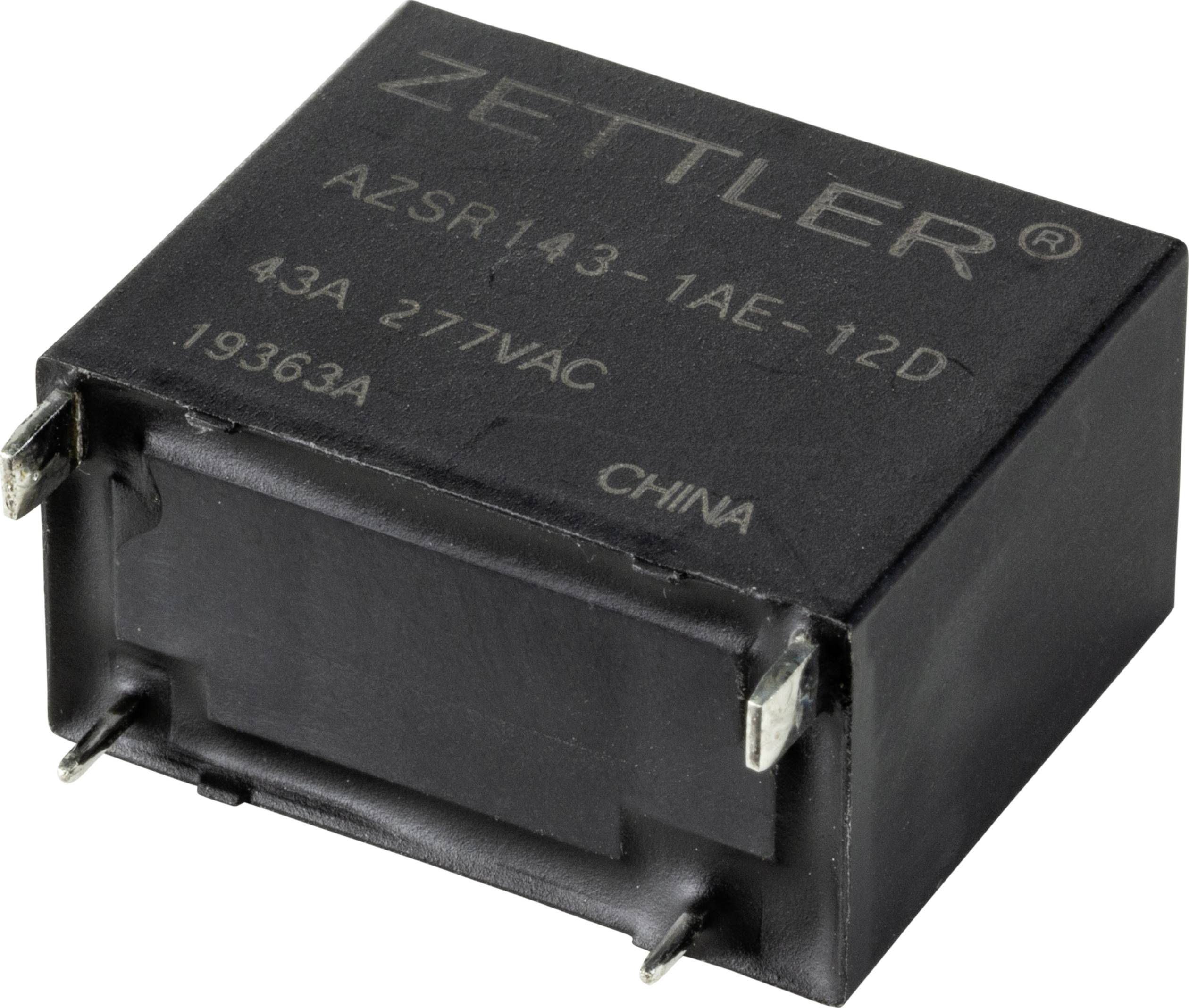 Een zwart, rechthoekig elektronisch onderdeel met het opschrift 'Zettler' en specificaties '43A 277VAC', typeaanduiding 'AZSR143-1AE-12D'.