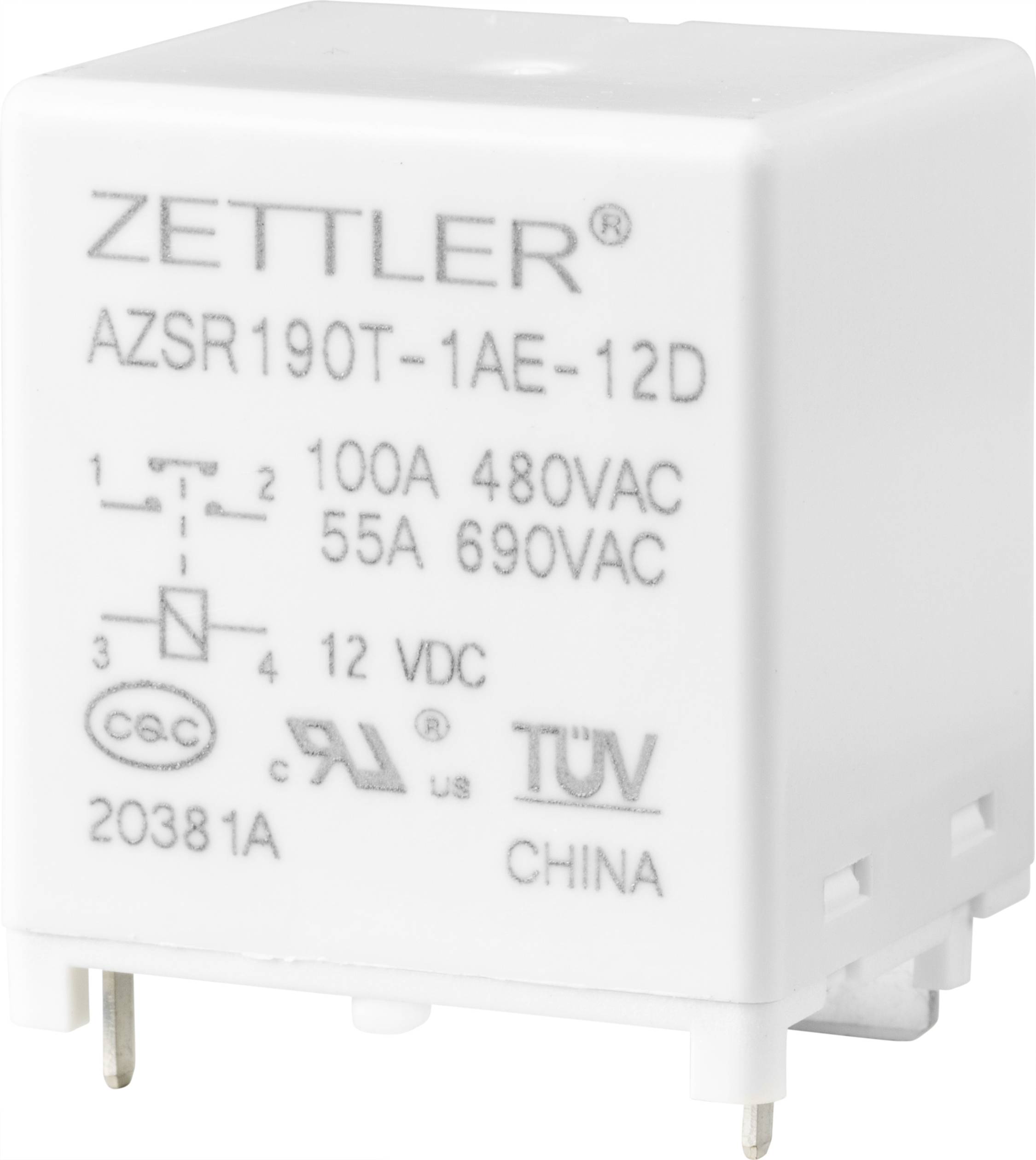 'Zettler relais AZSR190T-1AE-12D, gespecificeerd voor 100A 480VAC, 55A 690VAC, 12VDC, met TÜV-certificering, vervaardigd in China.'
