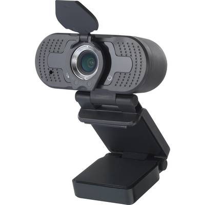 Een zwarte webcam met geïntegreerde microfoon en verwijderbare beschermkap, gemonteerd op een flexibele standaard.