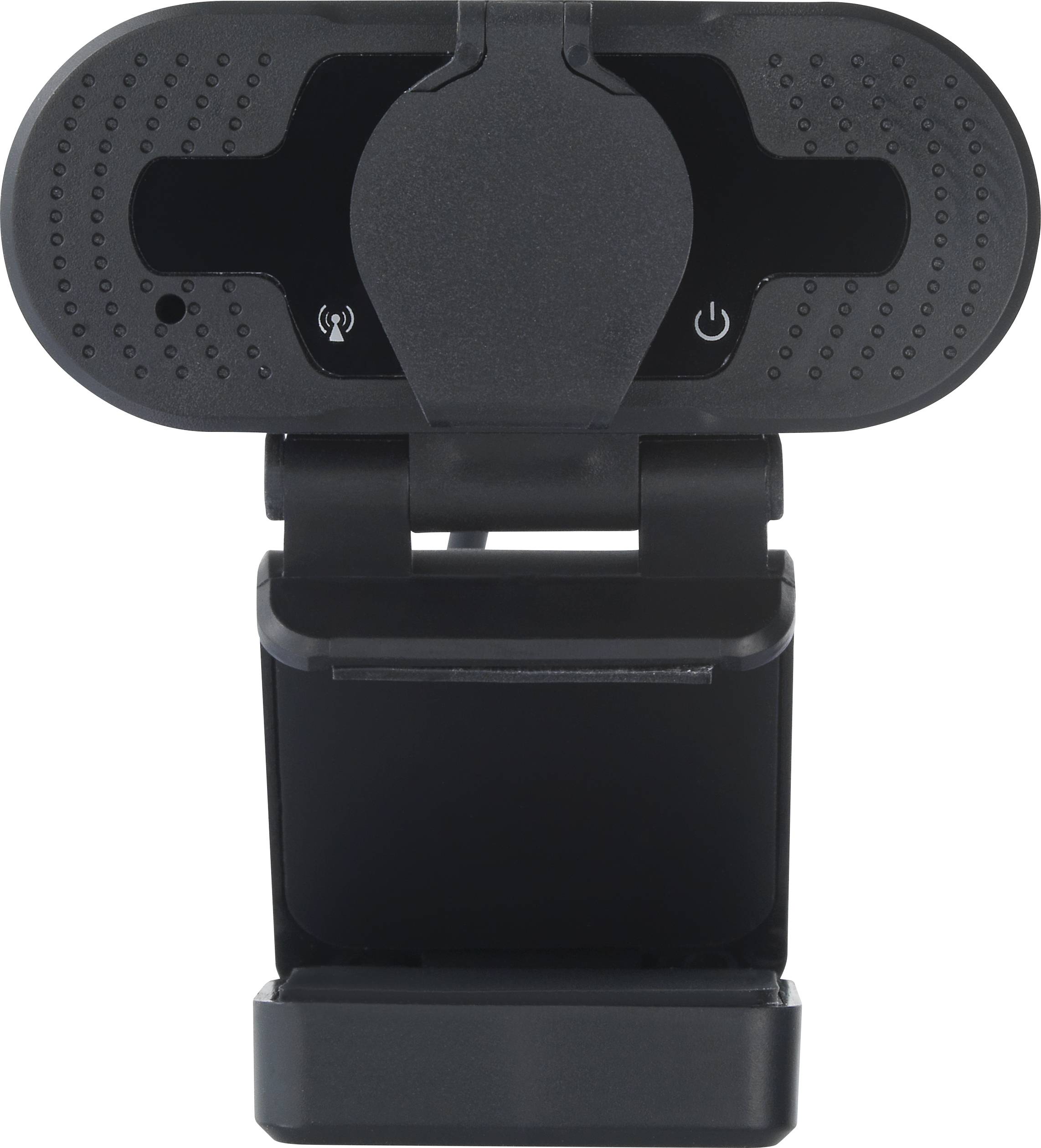 Een zwarte webcam met een klapmechanisme, privacyscherm en twee knoppen, één met een microfoon- en de andere met een aan-/uitschakelssymbool.