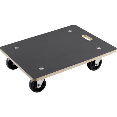 Zwarte houten steekwagen, rechthoekig van vorm, met vier stevige wielen en een handgreep voor gemakkelijk transport.