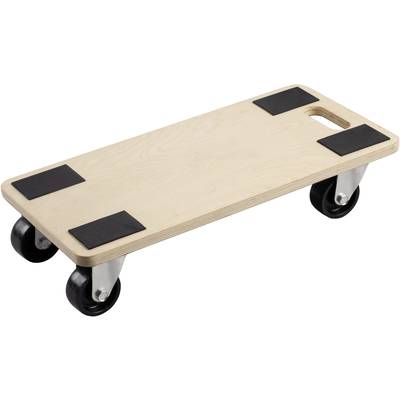Een houten plateauwagen met zwarte rubberen randen en vier wielen. Ideaal voor het vervoeren van zware voorwerpen over een vlakke ondergrond.