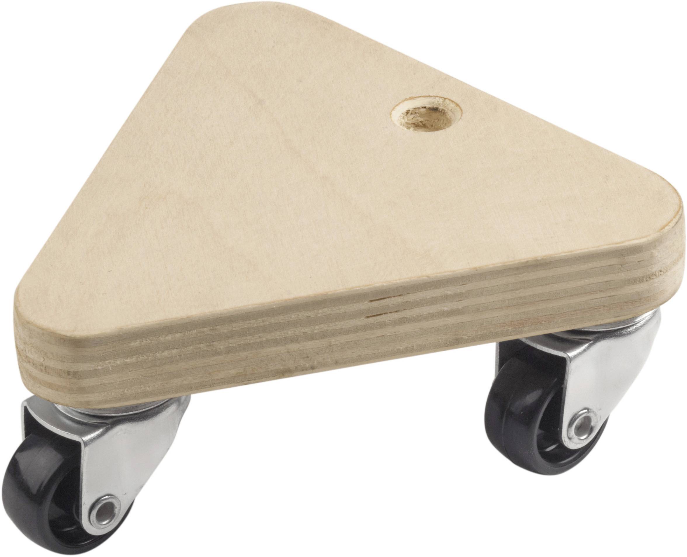 Driehoekig houten platform met drie gemonteerde wielen. Geschikt voor het transport van kleine voorwerpen, stevig en beweeglijk.