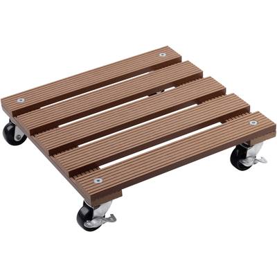 Houten plantenroller met vier zwarte wielen, geschikt voor het gemakkelijk verplaatsen van potten en plantenbakken.