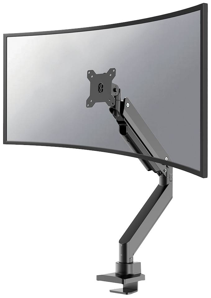 Een gebogen monitorstandaard met verstelbare arm toont een leeg scherm. De standaard is gemonteerd aan een tafel.