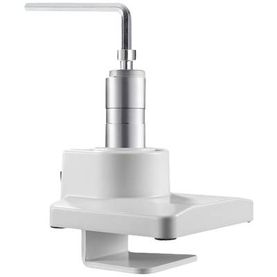Een witte, verstelbare tafelsteun met metalen arm, geschikt voor het bevestigen van apparaten aan een tafelrand.