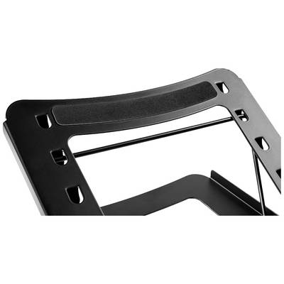 Een zwart metalen frame van een opvouwbare stoel is afgebeeld. Het vertoont uitsparingen in het zitgedeelte en een dwarsbalk voor stabiliteit.