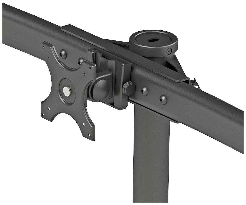 Metalen beugel voor een scherm, geschikt voor bevestiging aan een arm of staaf, met schroeven voor nauwkeurige afstelling.