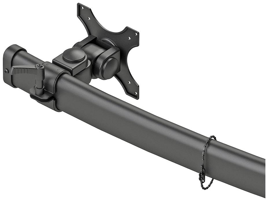Zwarte monitorarm met verstelbaar scharnier en bevestigingsschroeven, geschikt voor het bevestigen van monitoren aan tafels.