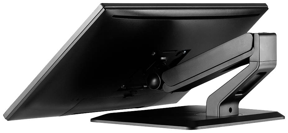 Een zwarte computermonitor van achteren, gemonteerd op een beweegbare arm die flexibele positionering mogelijk maakt.