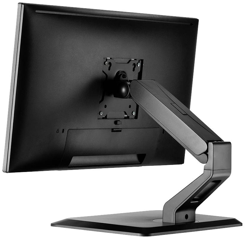 Een zwarte computermonitor van achteren, gemonteerd op een verstelbare arm die hoogte en hoek flexibel aanpasbaar maakt.