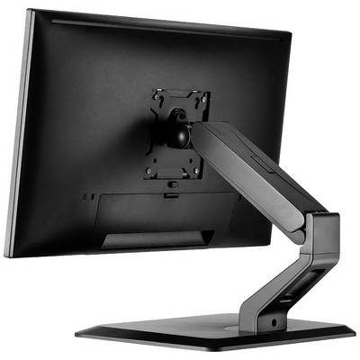 Een zwarte computermonitor van achteren, gemonteerd op een verstelbare arm die hoogte en hoek flexibel aanpasbaar maakt.