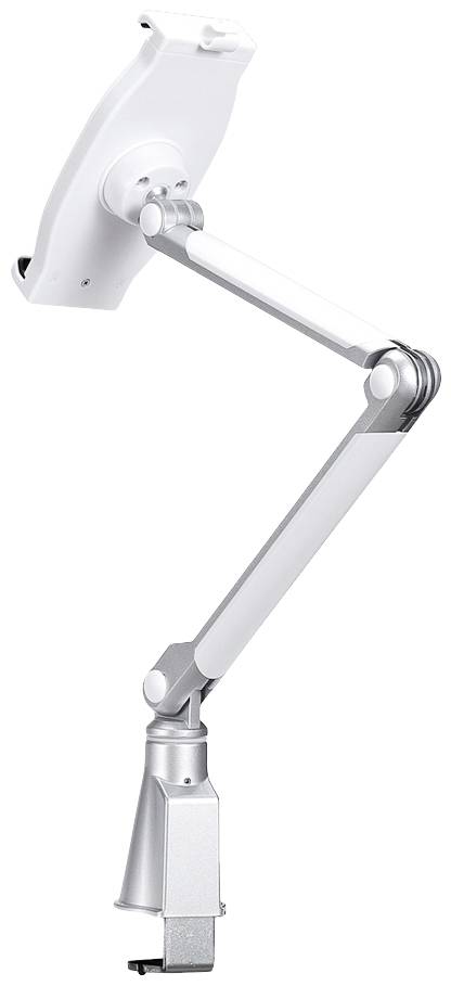Metalen monitorarm in zilverkleurige uitvoering, flexibel verstelbaar, bedoeld voor montage aan een tafel. Ideaal voor ergonomische werkplekken.
