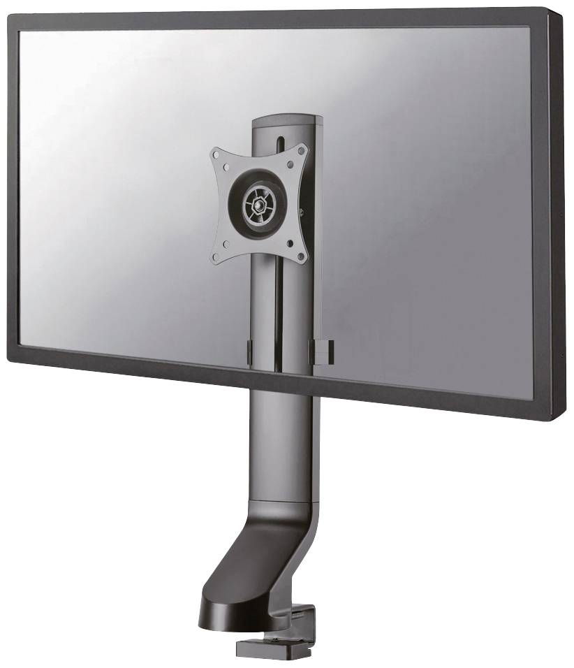 Een zwarte computermonitor is gemonteerd op een in hoogte verstelbare zwenkarm die is bevestigd aan de rand van een bureau.