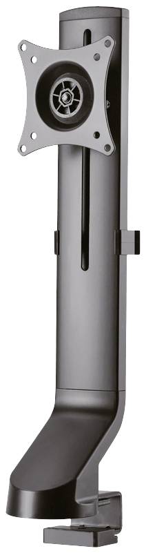 Een zwarte monitorarm voor tafelbevestiging met flexibel scharnier en montagespoor voor beeldschermen.