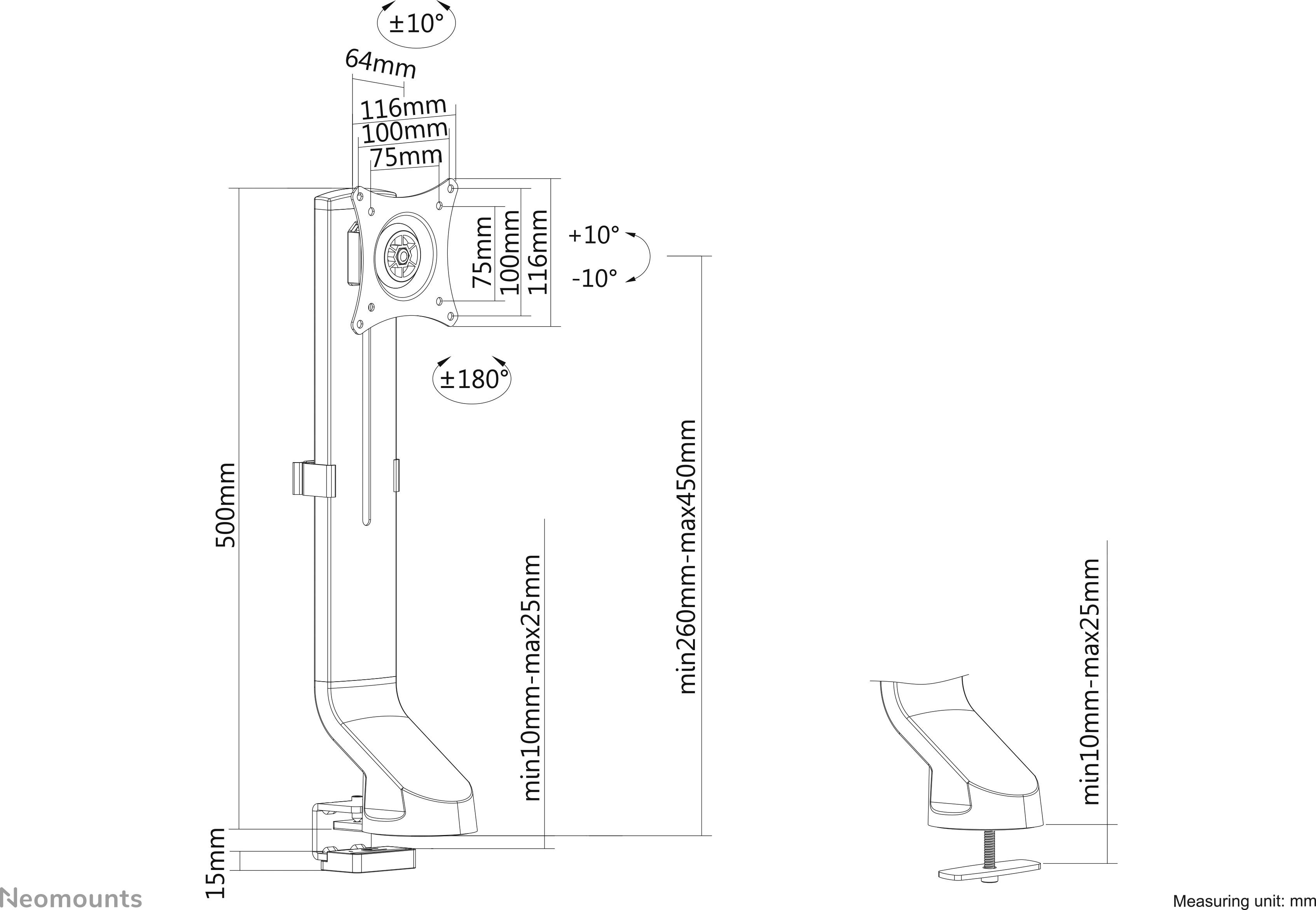 'Technische tekening van een monitorarm met hoogte- en kantelmaten. Maten in millimeters weergegeven, bijv. hoogte: min 260 mm tot max 540 mm.'