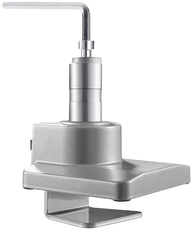Een zilveren, robuust toestel met een L-vormige hendel en schroefmechanisme, vermoedelijk gebruikt voor bevestiging of aanpassing.