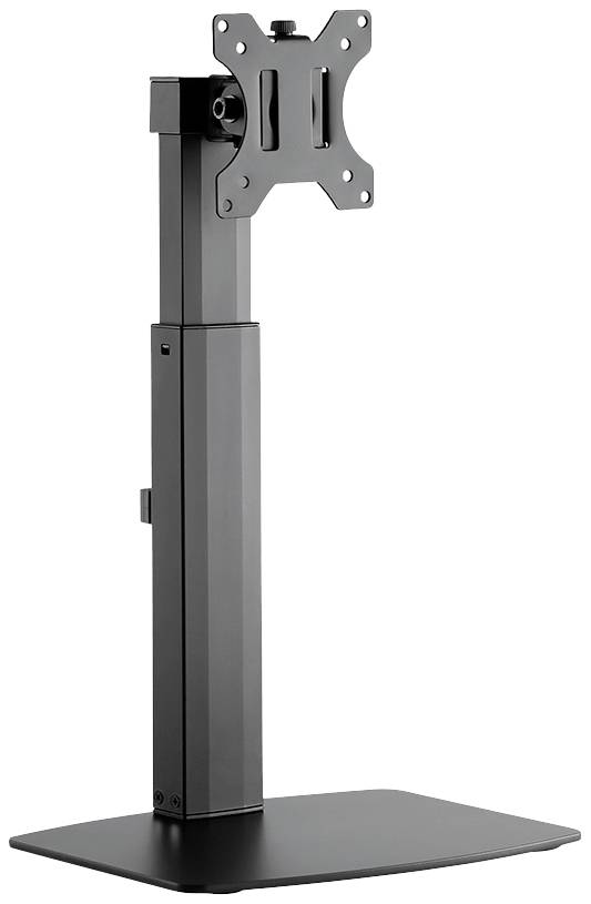 Monitorstandaard van zwart metaal met rechthoekige voet en verstelbare beugel, geschikt voor verschillende monitorformaten.