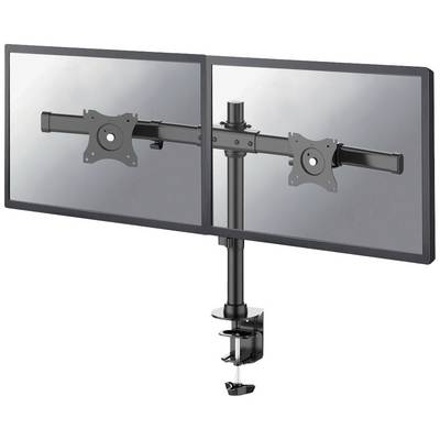 Twee monitorsteunen aan een verticale stang, bevestigbaar op een bureau. Geschikt voor het gelijktijdig gebruiken van twee beeldschermen.