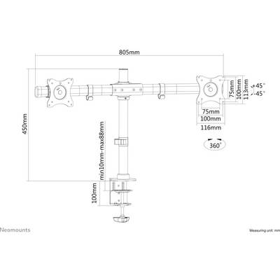 Tweearmige monitorsteun, verstelbaar in hoogte en hoek. Afmetingen: breedte 805 mm, hoogte 450 mm. 360° draaibaar.