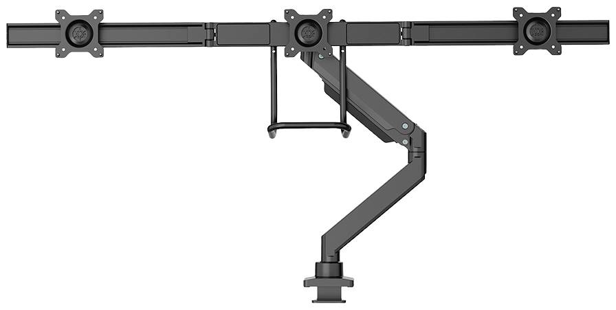 Een drievoudige monitorstandaard met een centraal steunbeen. De beugel maakt het mogelijk de positie van de beeldschermen aan te passen voor ergonomisch werken.
