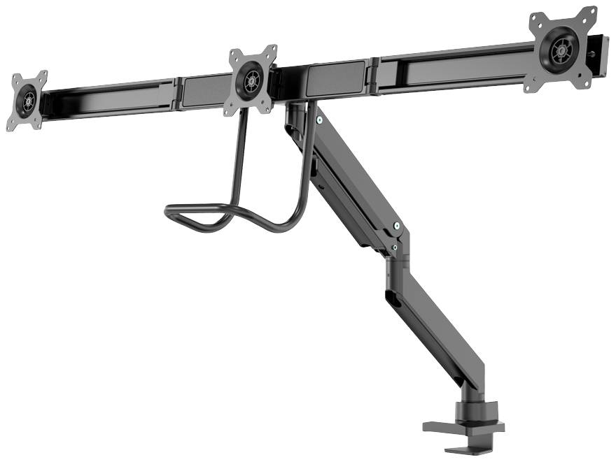 Hoogteverstelbare metalen monitorstandaard voor twee schermen, met klem voor bevestiging aan een tafel.