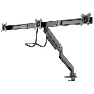 Hoogteverstelbare metalen monitorstandaard voor twee schermen, met klem voor bevestiging aan een tafel.