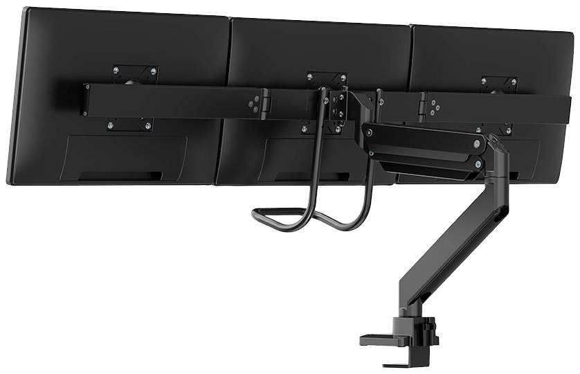 Drievoudige monitorarm met drie monitoren, zwart, toont achterkant.