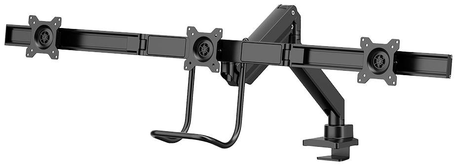 Een zwarte, verstelbare monitorsteun met drie VESA-bevestigingen en een stabiele klemvoet voor montage aan een bureau. Ideaal voor meerdere schermen.