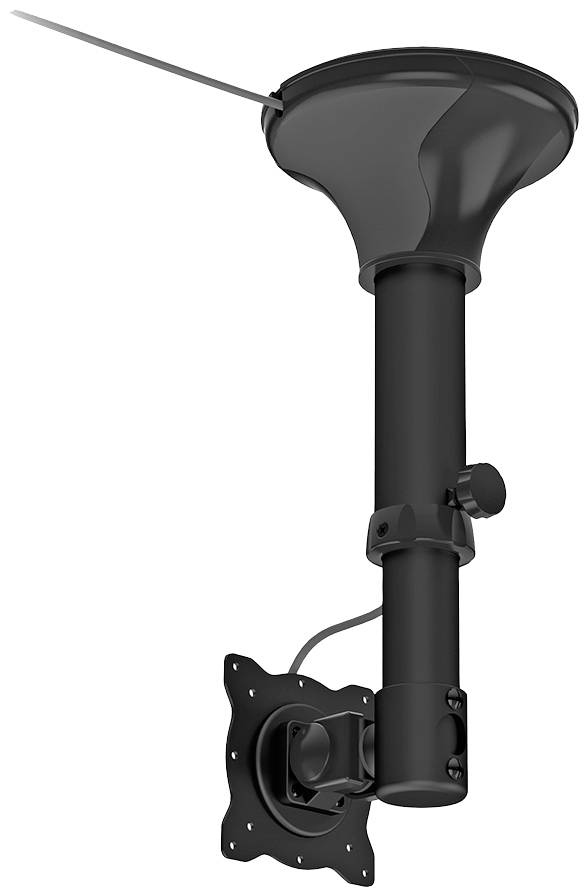 Een zwarte plafondsteun voor het bevestigen van een monitor of televisie aan het plafond.