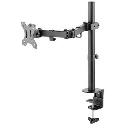 Metalen monitorsteun met verstelbare arm voor tafelbevestiging. Geschikt voor monitoren tot een bepaalde grootte.