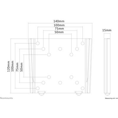 'Technische tekening van een montagesysteem met afmetingen: 140x120mm, 100x100mm, 75x75mm, 50x50mm. Zijdelingse diepte: 15mm. Eenheid: mm.'
