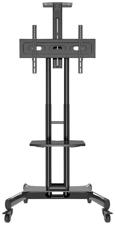 Mobiele tv-standaard met wielen, in hoogte verstelbaar, met legplank en bevestiging voor grote beeldschermen. Ideaal voor flexibele presentaties.