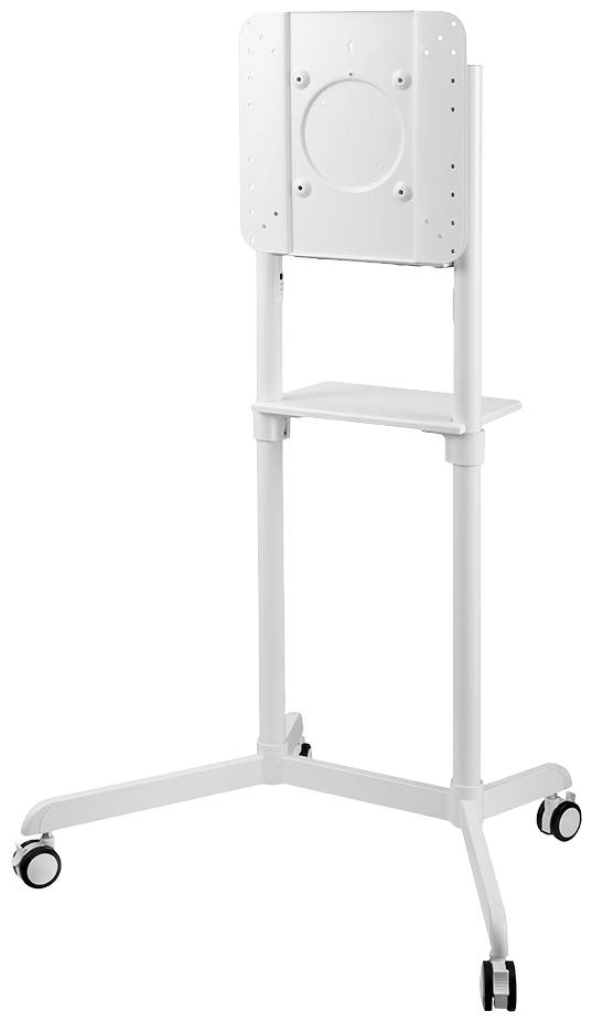 Een witte, in hoogte verstelbare trolley met twee wielen en een plank op halve hoogte, geschikt voor monitors of schermen.