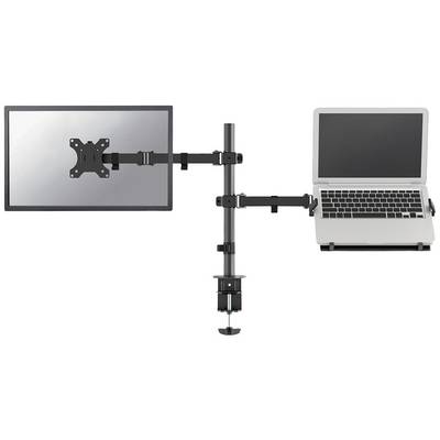 Dual-monitorbeugel met laptophouder gemonteerd aan een verticale standaard. Links een monitor, rechts een laptop.