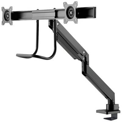 Dubbele monitorarm van zwart metaal met flexibele bevestiging aan een bureau, geschikt voor twee beeldschermen.