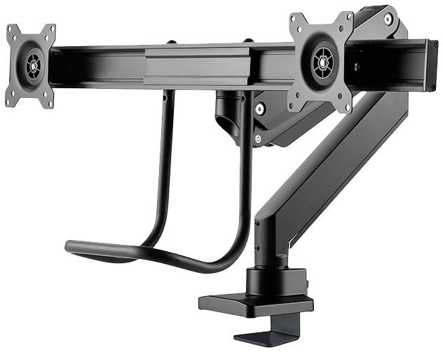 Dual-monitorsteun voor bureau, zwart, met verstelbare armen voor flexibele positionering van monitors; bevestigbaar aan de rand van een tafel.