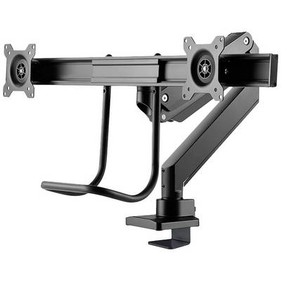 Dual-monitorsteun voor bureau, zwart, met verstelbare armen voor flexibele positionering van monitors; bevestigbaar aan de rand van een tafel.