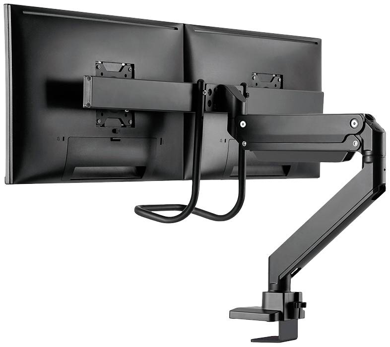 Dubbele monitorsteun met beweegbare arm en klembevestiging, geschikt voor twee schermen voor optimale positionering.