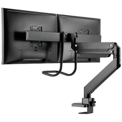 Dubbele monitorsteun met beweegbare arm en klembevestiging, geschikt voor twee schermen voor optimale positionering.