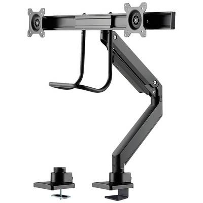 Tweearmige monitorstandaard, zwart, met bevestigingsklemmen, geschikt voor twee beeldschermen; flexibel verstelbaar voor ergonomisch gebruik.