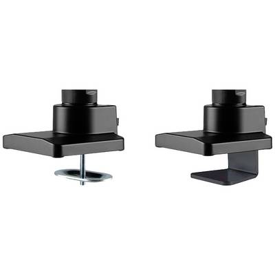 Twee zwarte klemmen voor tafelbevestiging. Links: schroefklem voor stevige bevestiging. Rechts: U-klem voor eenvoudige plaatsing.