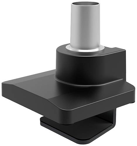 Een zwart en zilver bevestigingselement, mogelijk een accessoire voor camera's of apparaten, met een schroefbare houder.